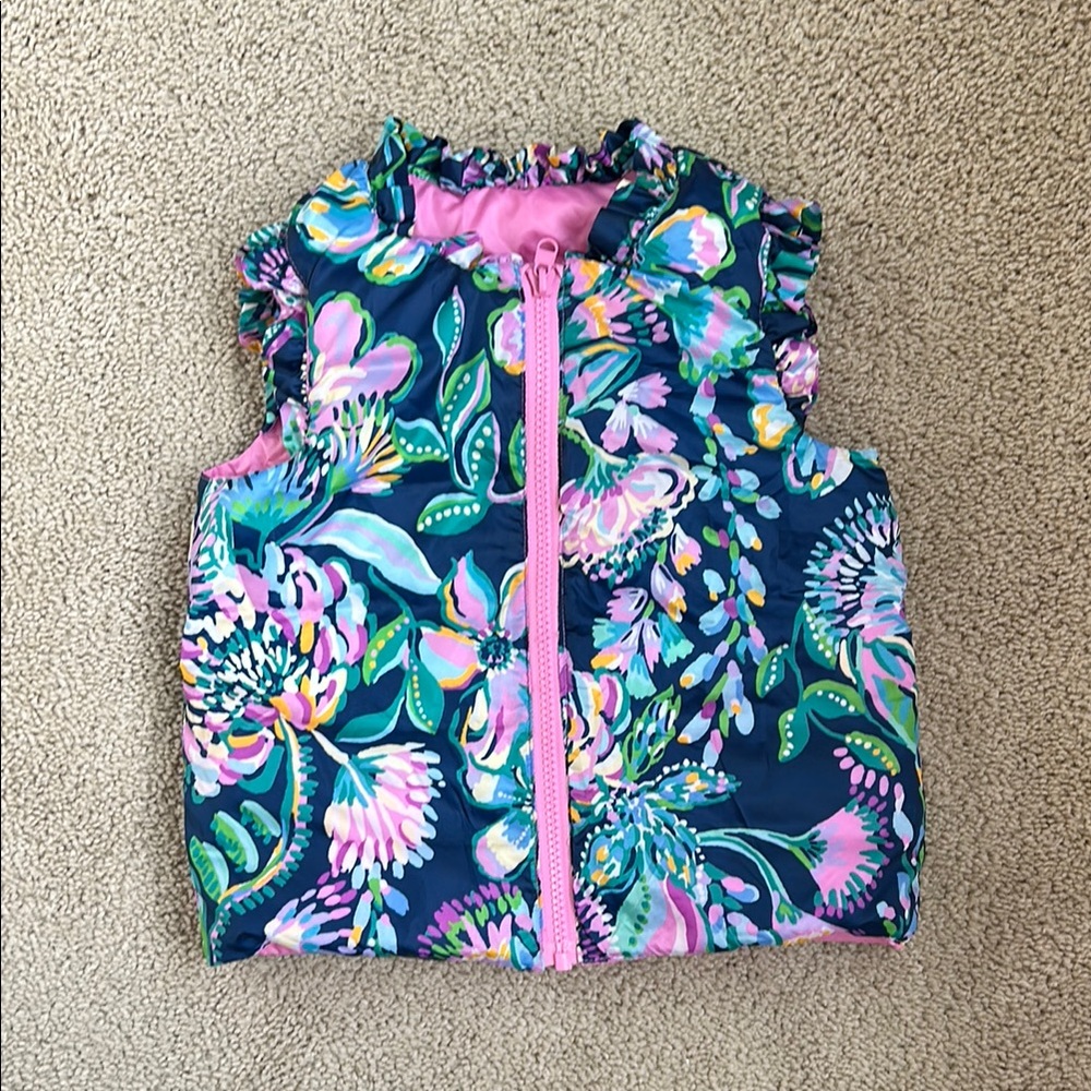 Lilly Pulitzer girls’ reversible pink/floral puffer vest, S 4/5